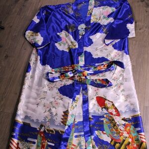 0403 Royal Blue Satin Kimono Robe with Japanese Art Print – 5XL
